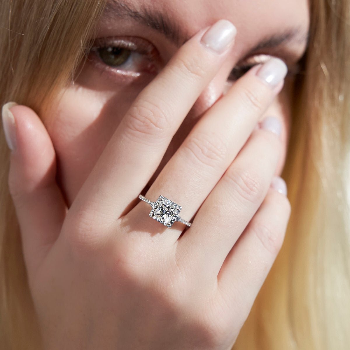 【719】"Begin Again" 3 - stone Halo Set 1 Carat Princess Cut Moissanite Ring - Queenou Jewelry