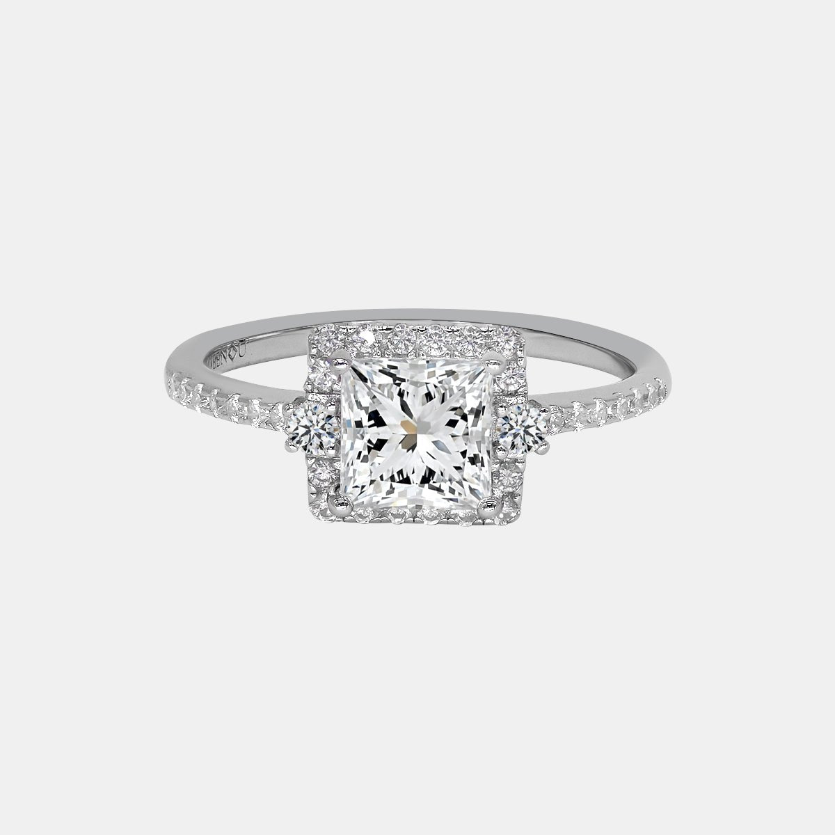 【719】"Begin Again" 3 - stone Halo Set 1 Carat Princess Cut Moissanite Ring - Queenou Jewelry