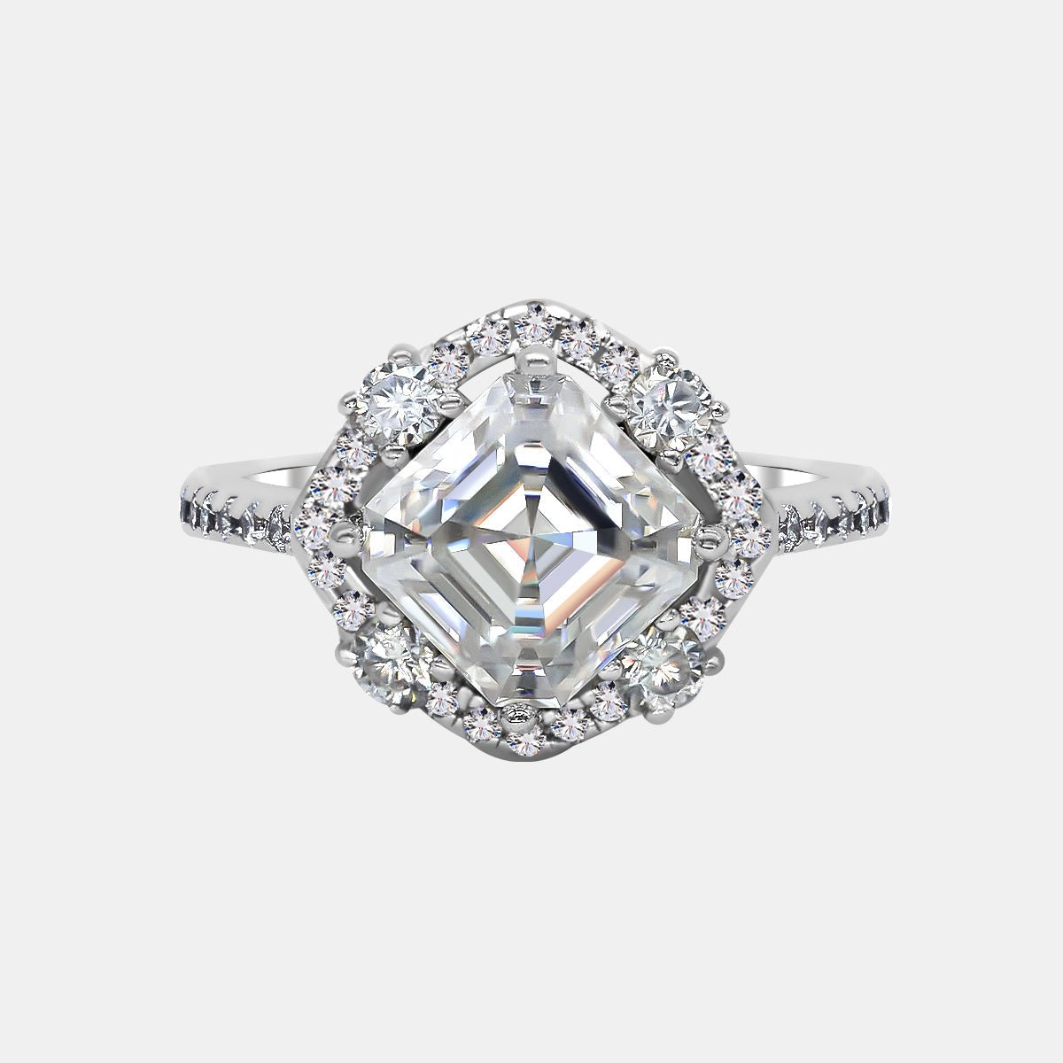 【725】"Begin Again" Quartet Halo 2.5 Carat Asscher Cut Moissanite Ring - Queenou Jewelry