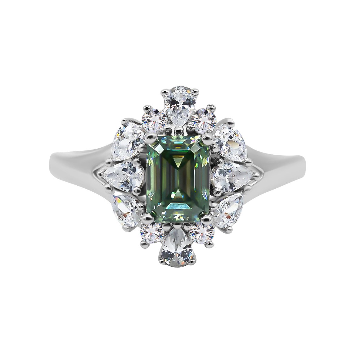 【741】Radiant Cluster 1 Carat Emerald Cut Green Moissanite Ring - Queenou Jewelry