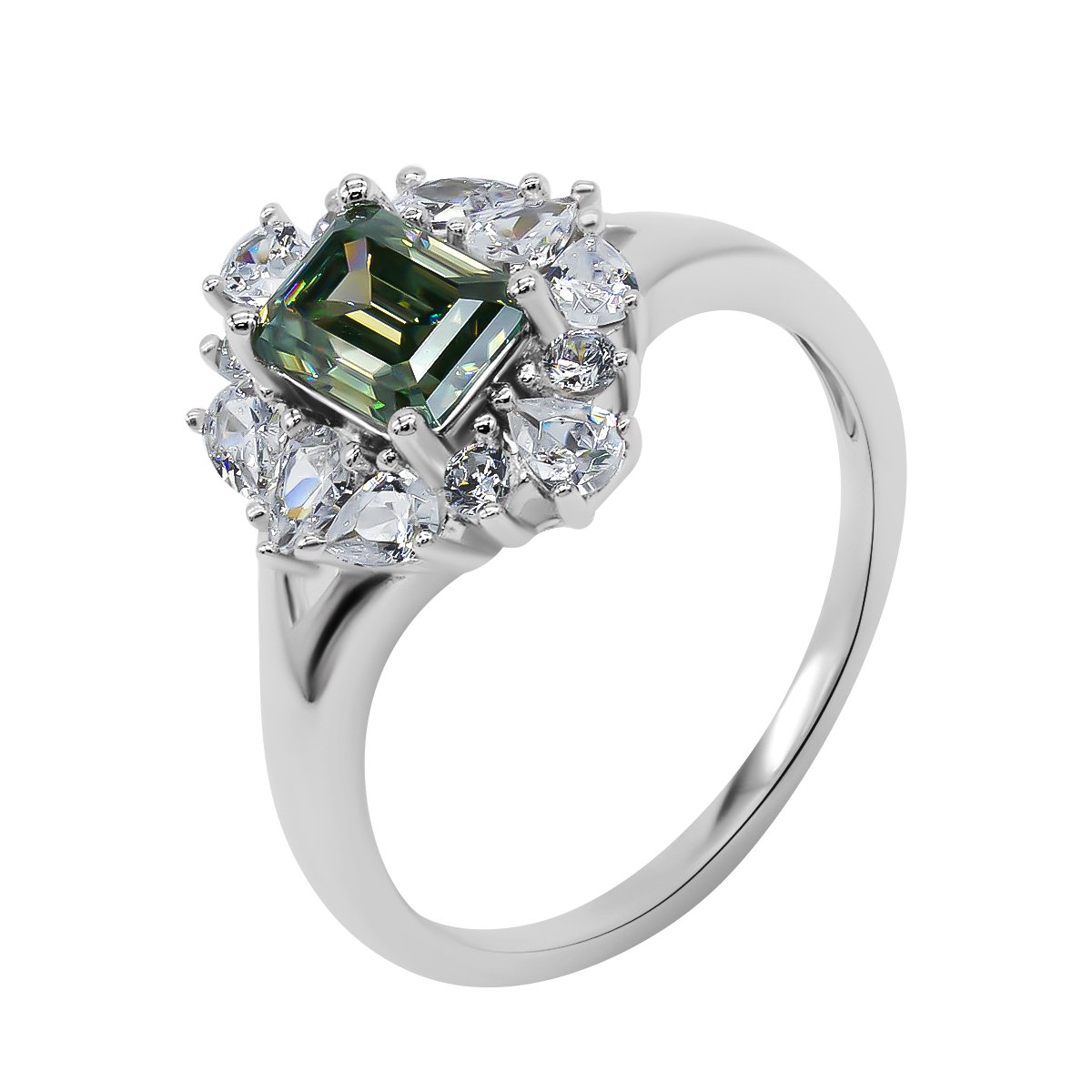 【741】Radiant Cluster 1 Carat Emerald Cut Green Moissanite Ring - Queenou Jewelry