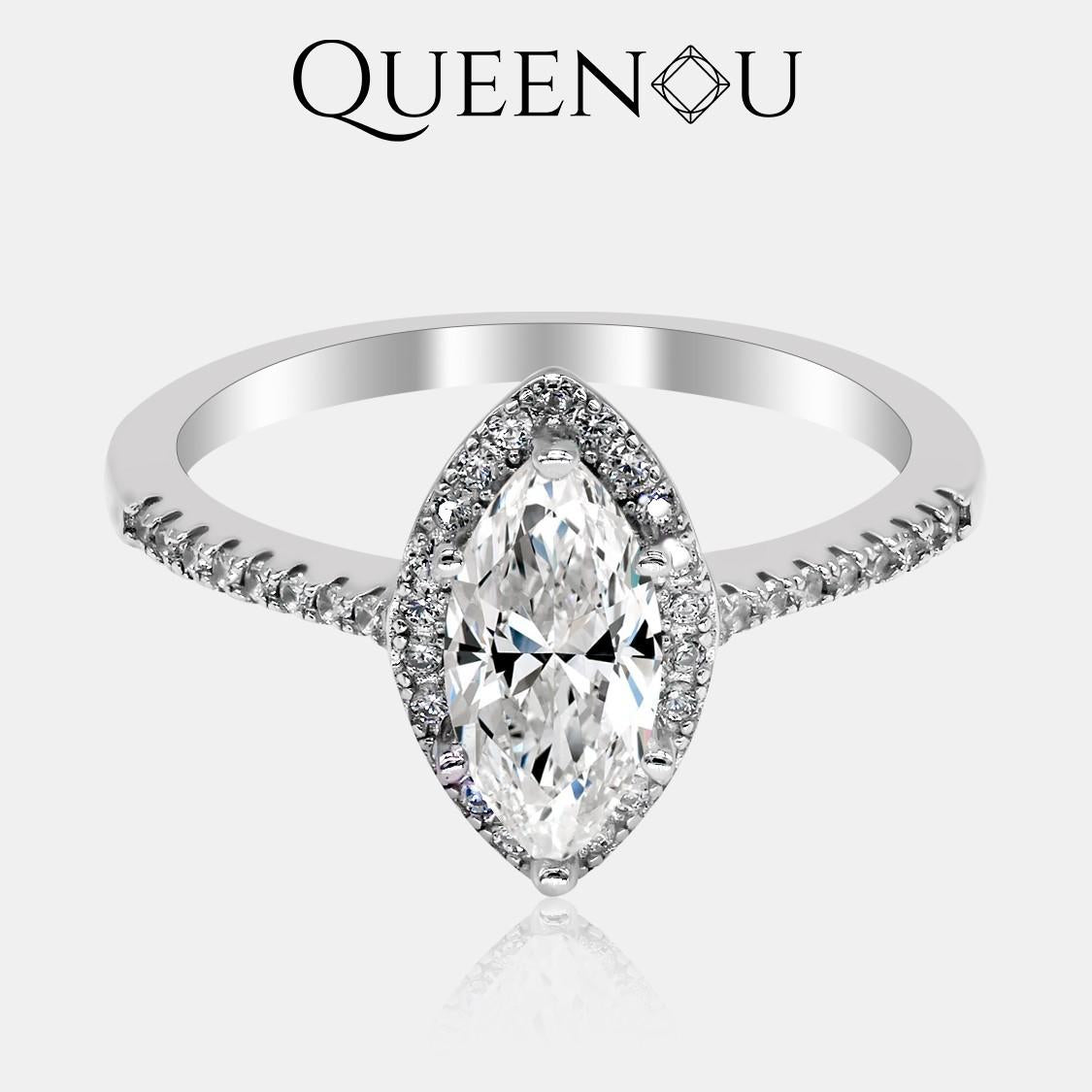 【843】Synthetic Moissanite 1CT Starlight Marquise Ring + Radiant V band - Queenou Jewelry