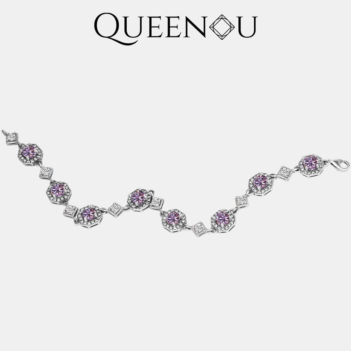 【906】 QUEENOU 925 Sterling Silver Sugar Cube Square Halo Design Cubic Zirconia Bracelet–Elegant & Romantic for Women - Queenou Jewelry