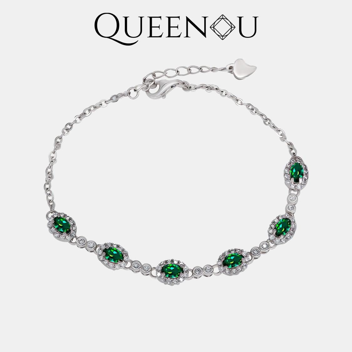 【912】QUEENOU 925 sterling silver Forest Glow Round Bezel Setting Cubic Zirconia Tennis Bracelet - Queenou Jewelry