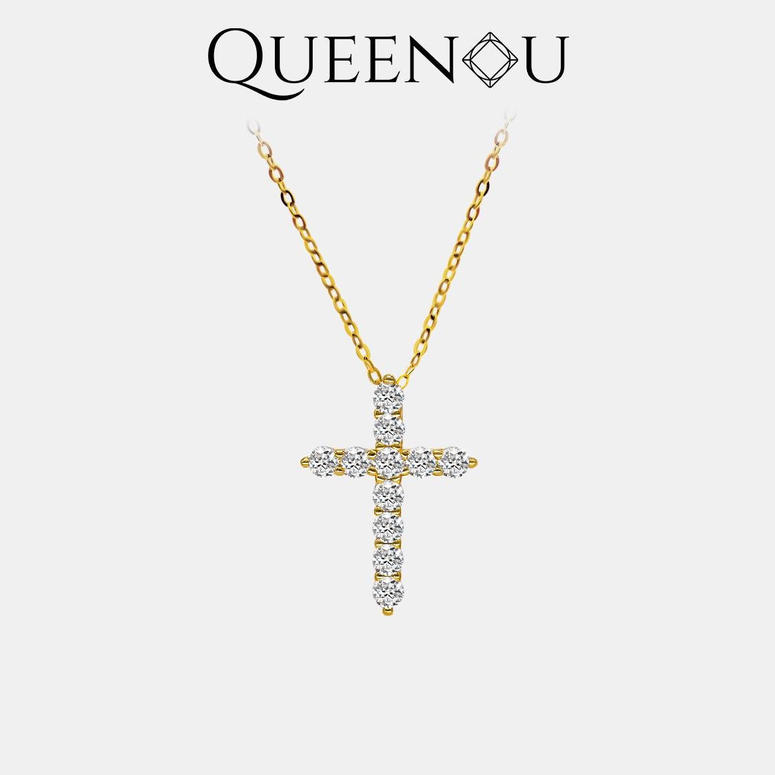 【913】Faith Inspiration: Fully Embellished Golden Synthetic Moissanite Cross Necklace - Queenou Jewelry