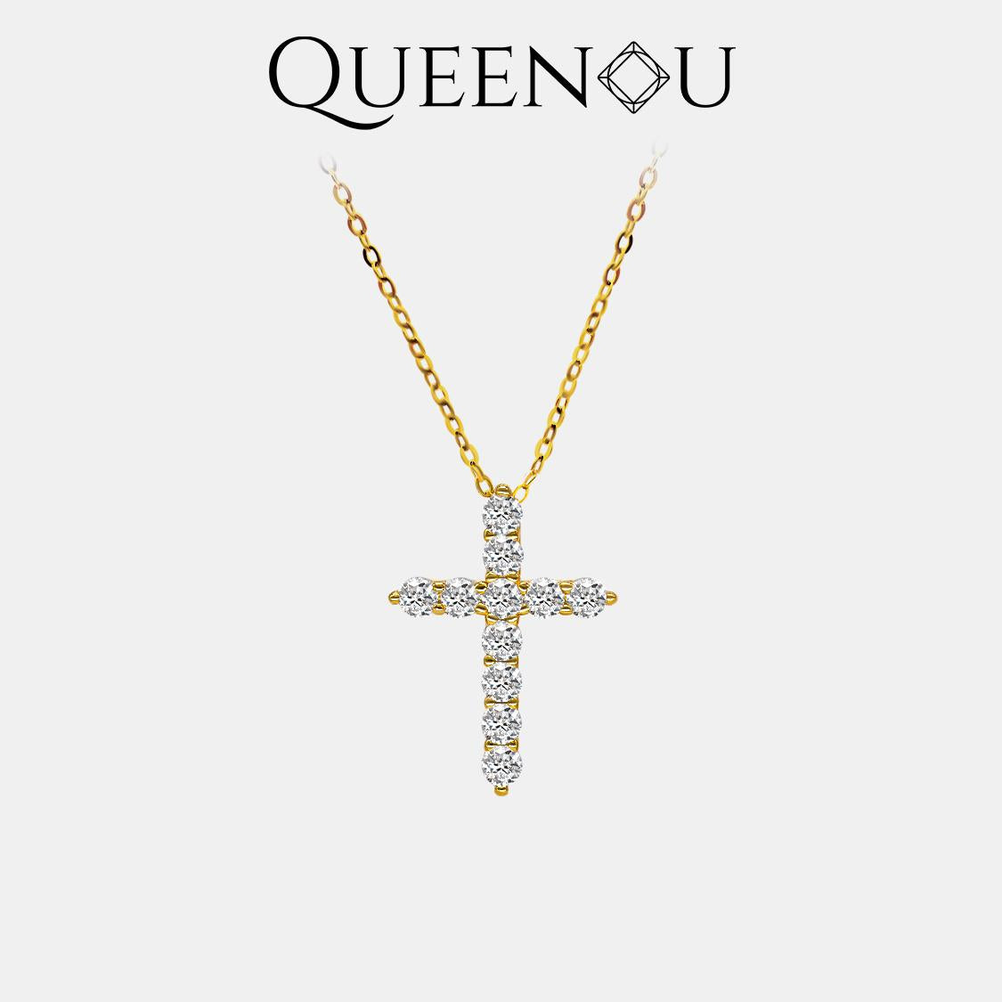 【913】Faith Inspiration: Fully Embellished Golden Synthetic Moissanite Cross Necklace